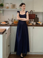 Navy Lace-Up Bodice Dress