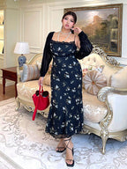 Midnight Bloom Lace Trim Floral Dress
