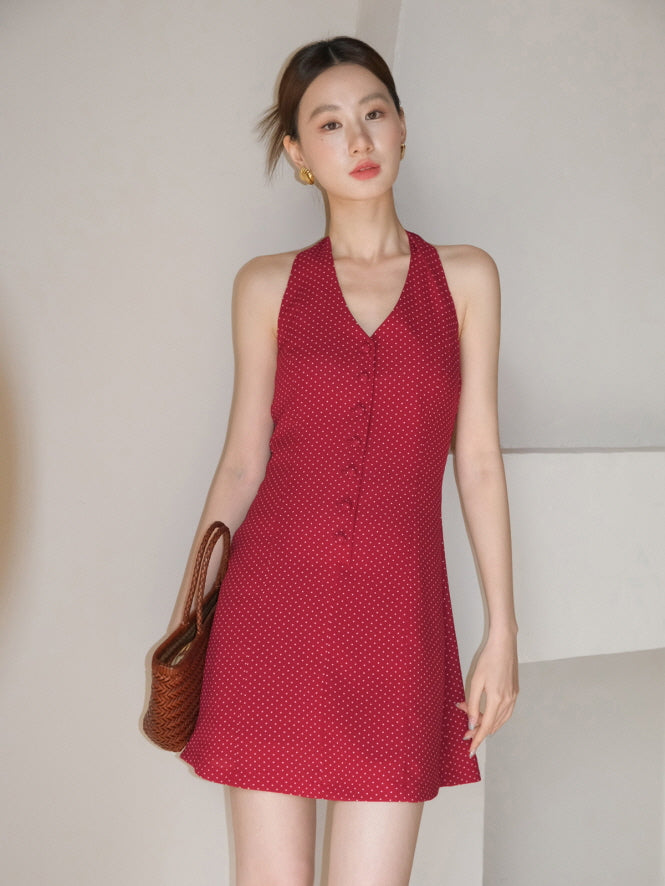 Cherry Ribbon Polka Dot Halter Dress