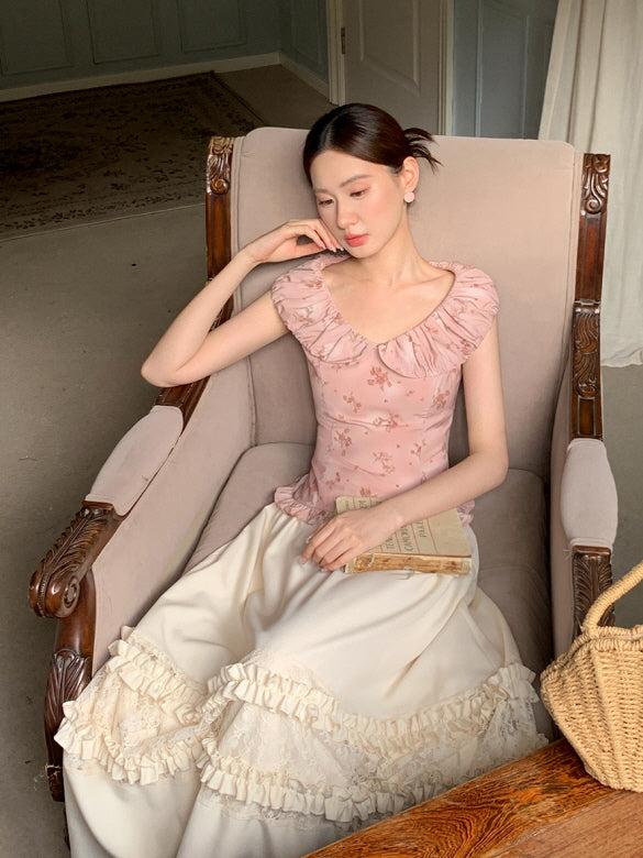 Rose Petal Ruffle Collar Floral Blouse