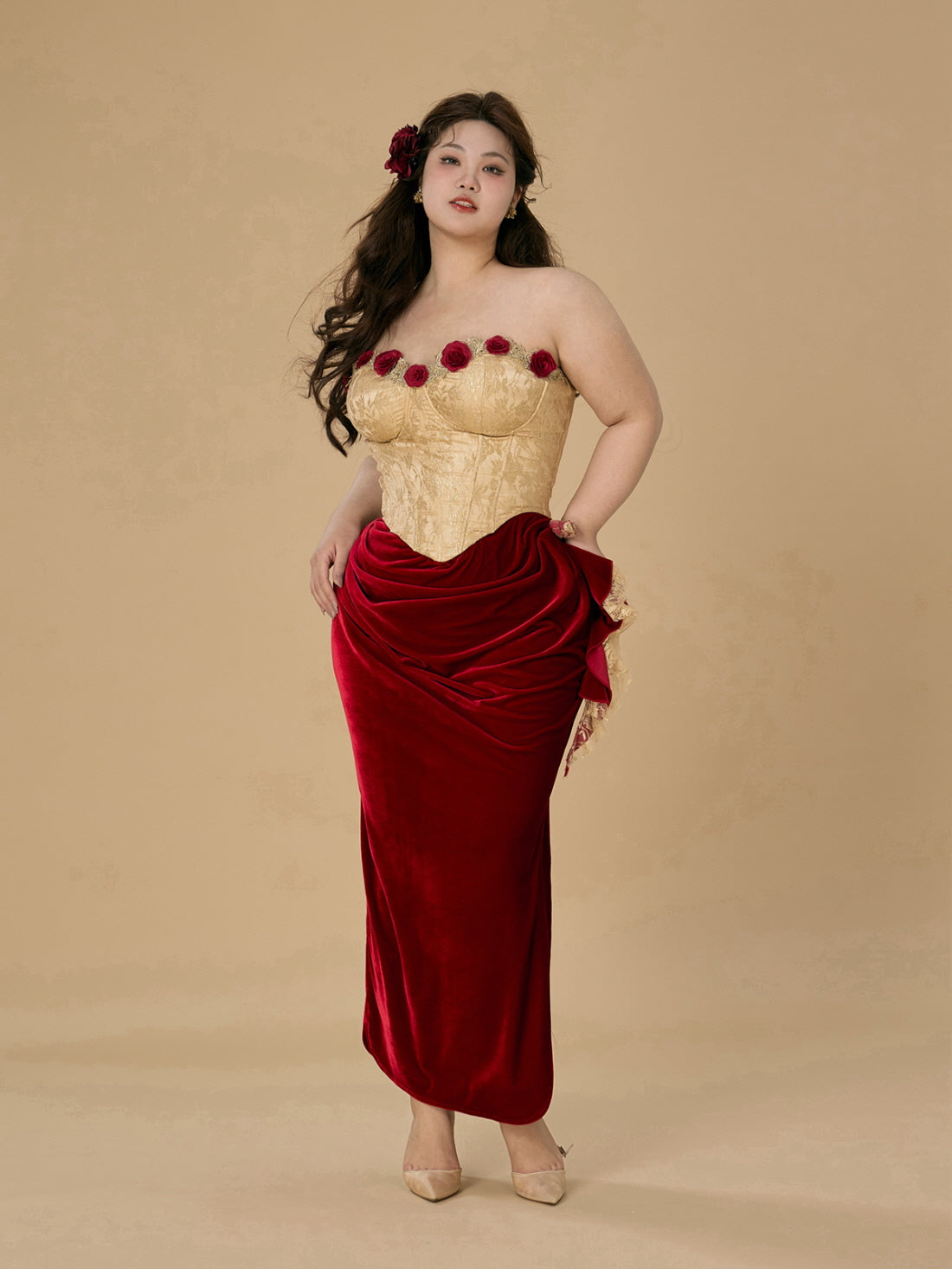 Rose Embellished Gold Corset Velvet Dress