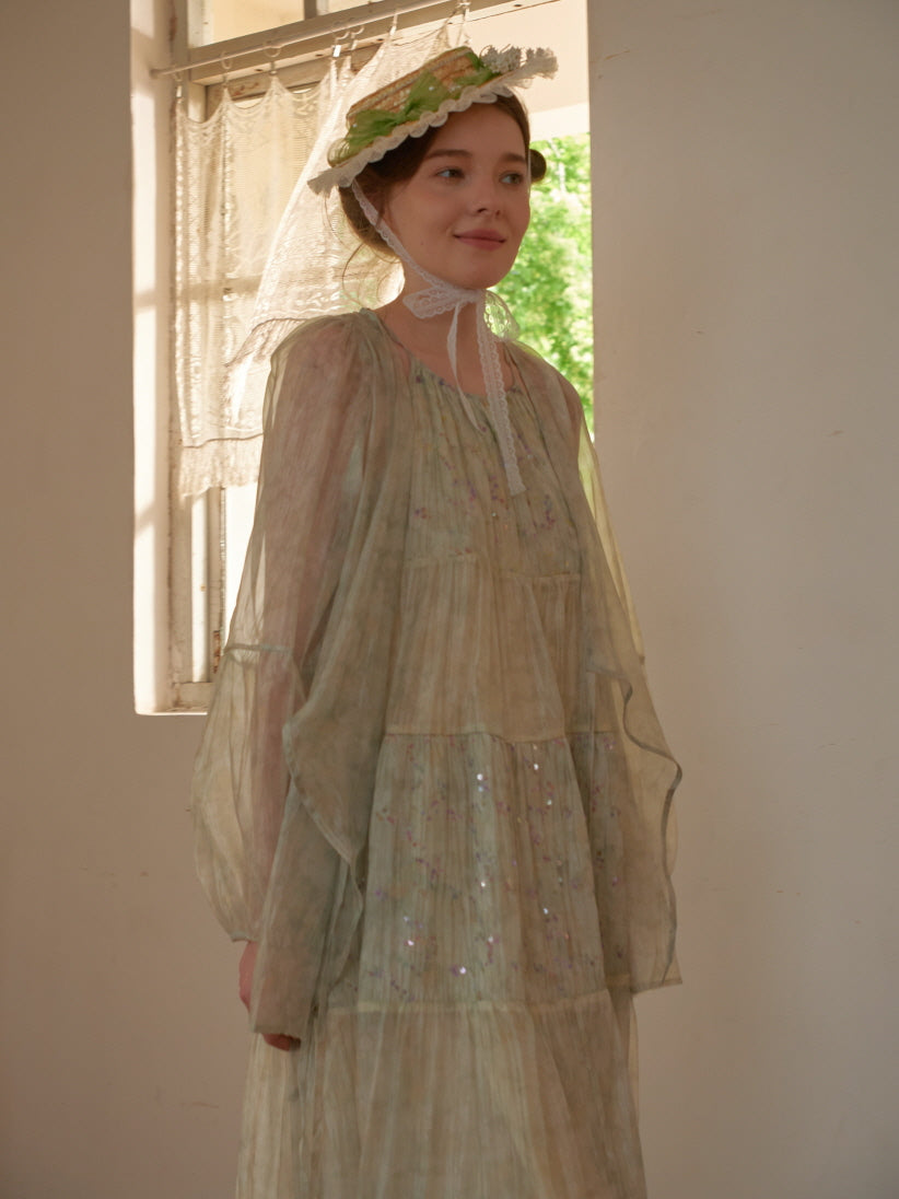 Pastel Green Floral Two-Piece Set – Sheer Cardigan & Tiered Dress