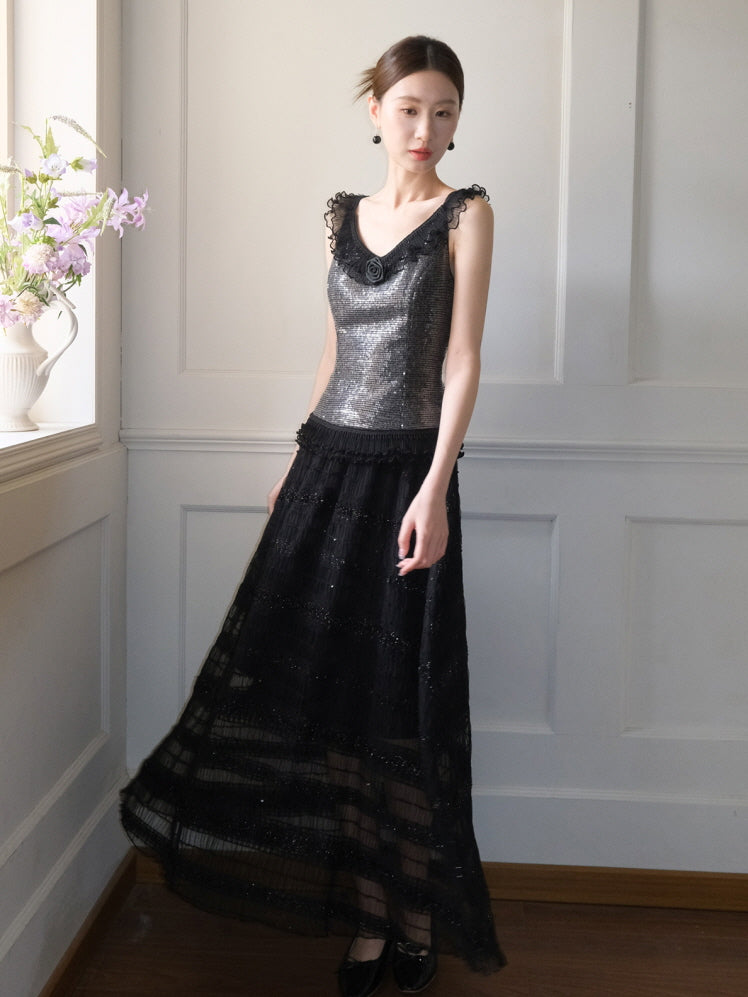 Midnight Rose Sequin Top & Glitter Mesh Skirt