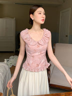 Rose Petal Ruffle Collar Floral Blouse