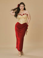 Rose Embellished Gold Corset Velvet Dress