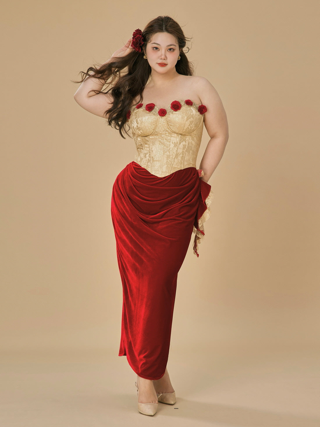 Rose Embellished Gold Corset Velvet Dress