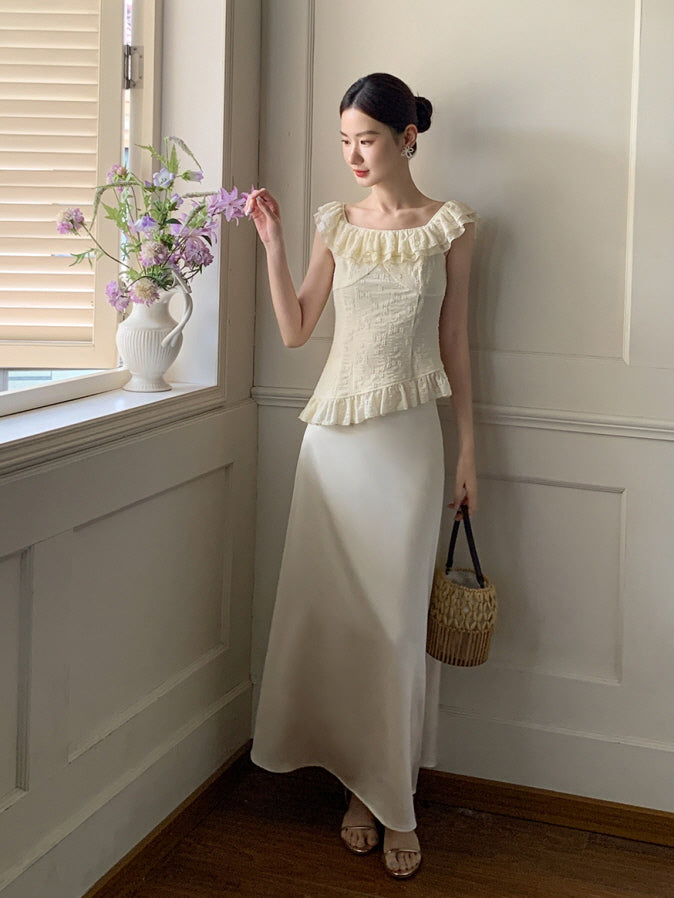 Ivory Ruffle Top & Satin Flare Skirt