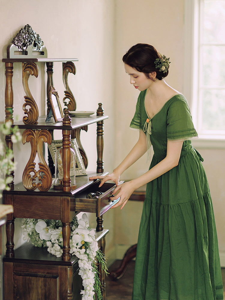 Woodland Green Bow‑Tie Dress