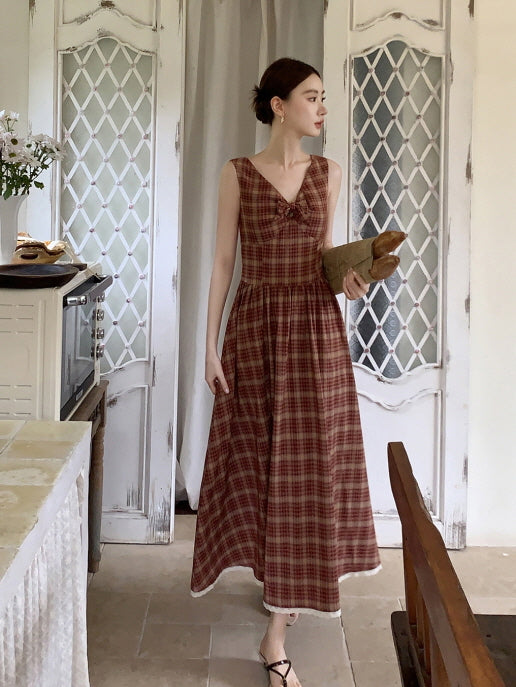 Summer Red Plaid Ribbon Dress