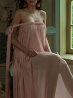 Off-Shoulder Blush Pleated Ribbon Dress