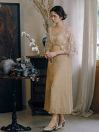 Golden Bloom Lace Overlay Dress