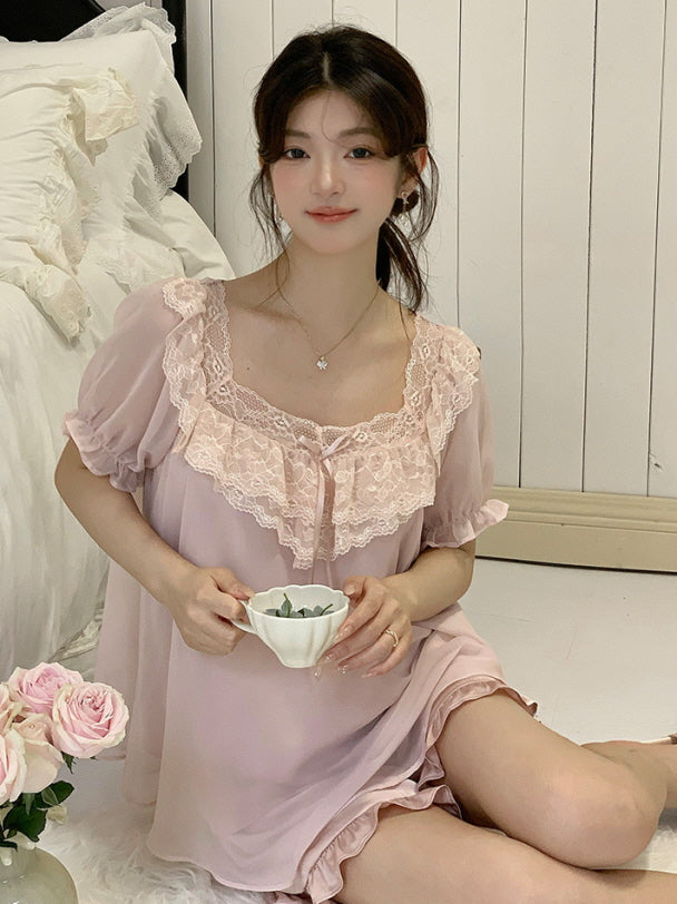 Blush Ruffle Lace Chiffon Pajama Set