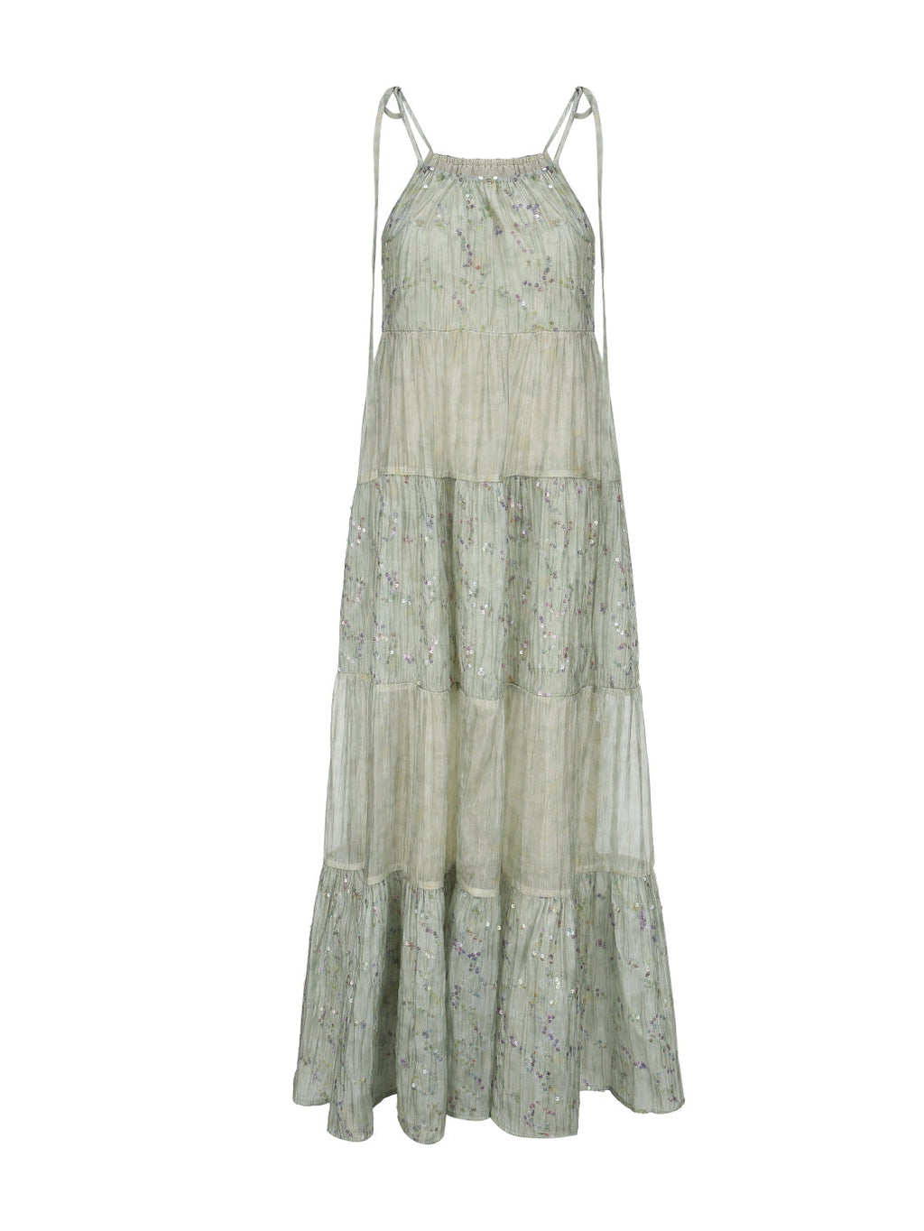 Pastel Green Floral Two-Piece Set – Sheer Cardigan & Tiered Dress