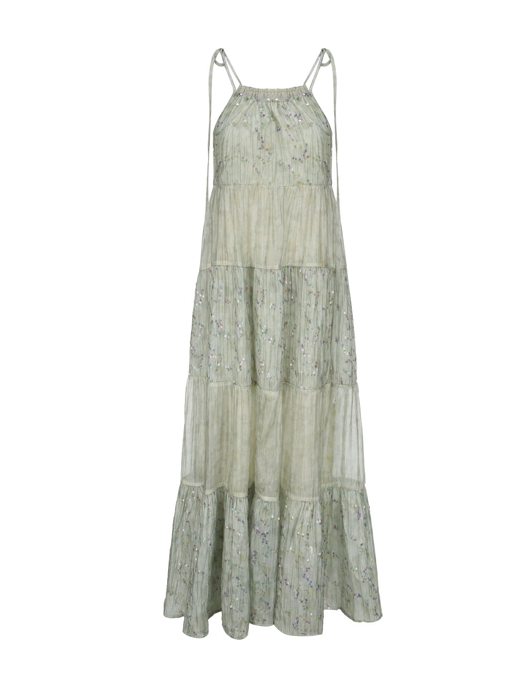 Pastel Green Floral Two-Piece Set – Sheer Cardigan & Tiered Dress