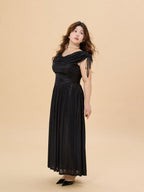 Midnight Satin Plus Size Dress with Draped Shoulders