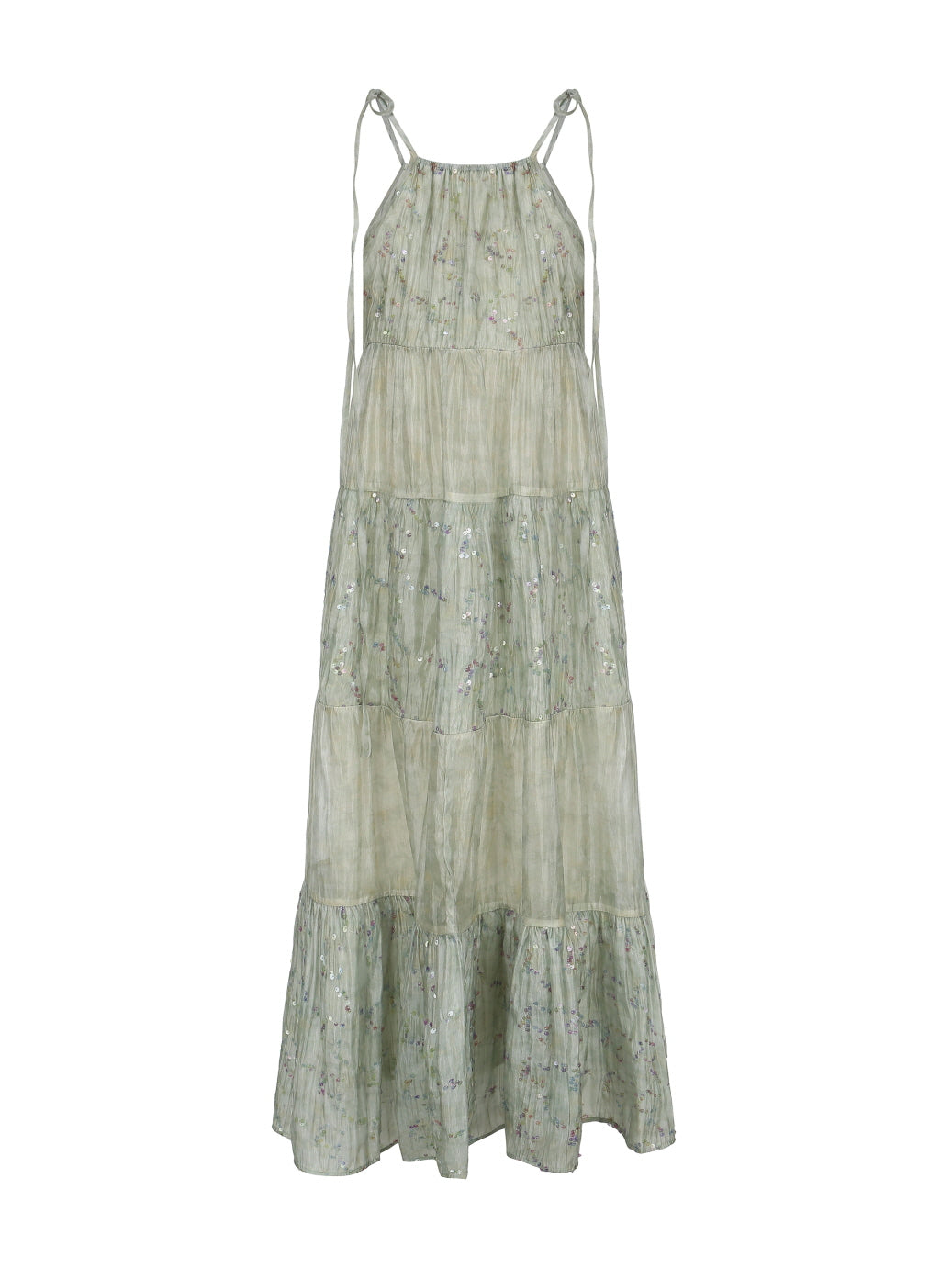 Pastel Green Floral Two-Piece Set – Sheer Cardigan & Tiered Dress