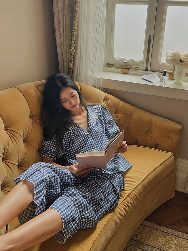 Navy Gingham Lace Collar Pajama Set