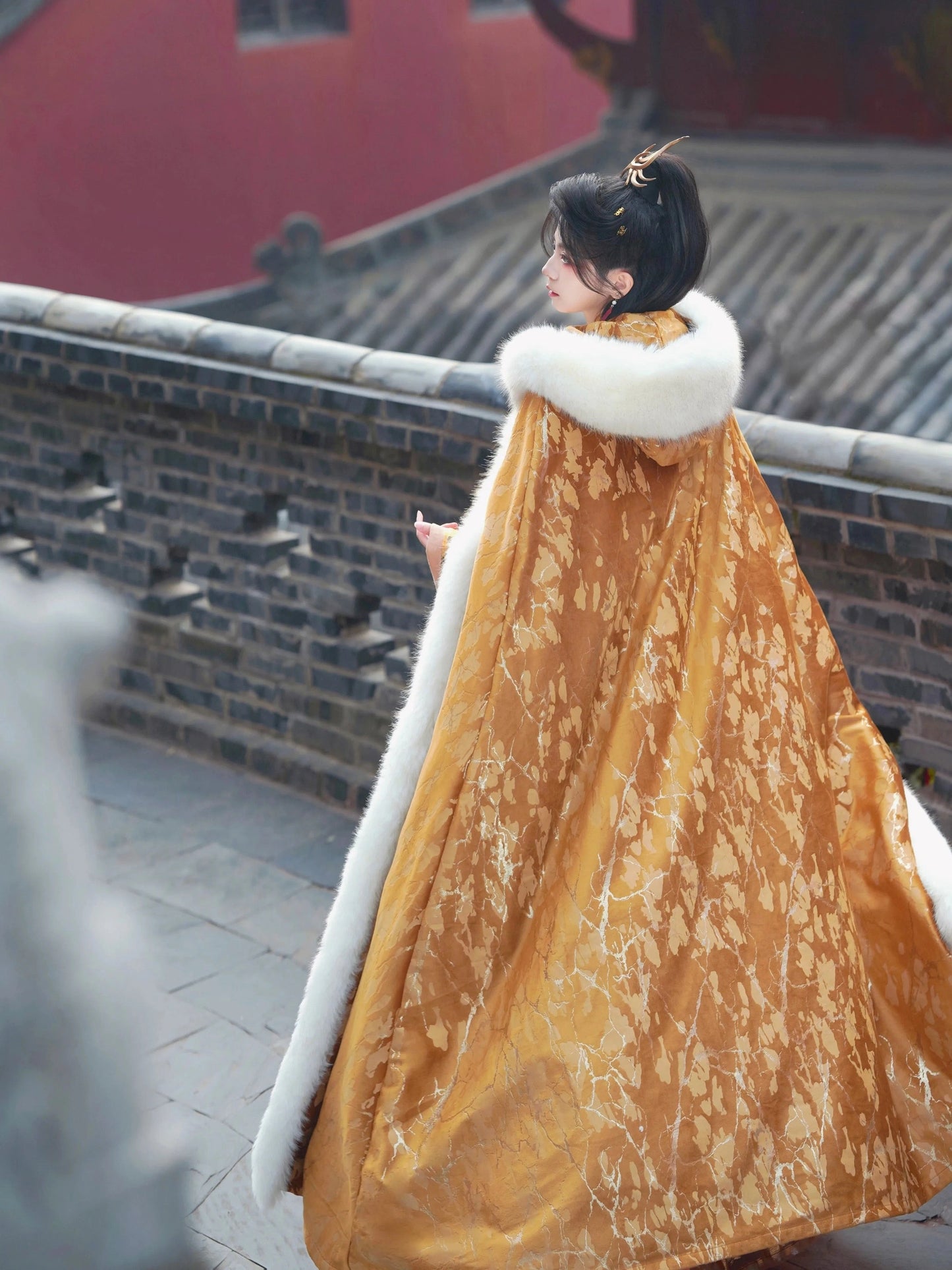 Embossed Gold Velvet Fur Cloak