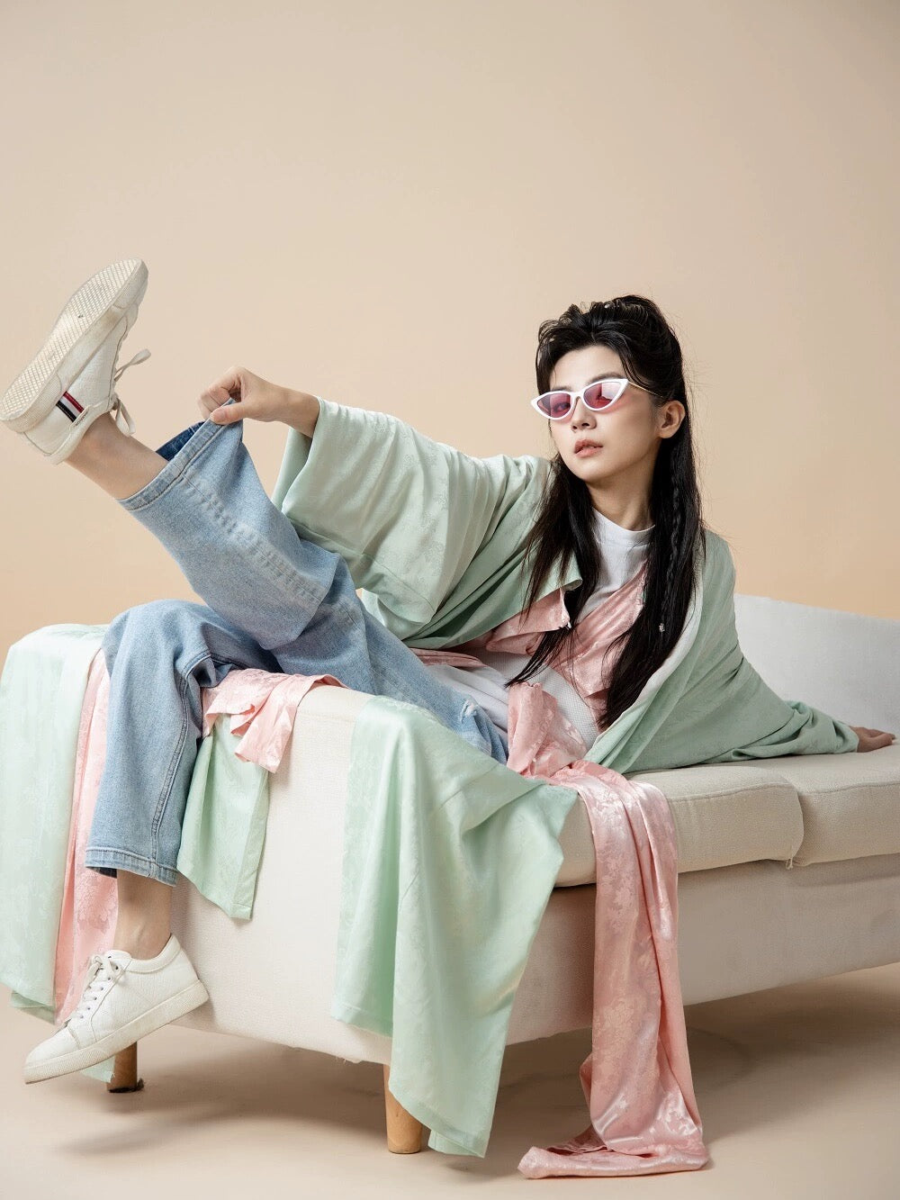 Tang Dynasty Hanfu Robe - Mint Peach 柳桃