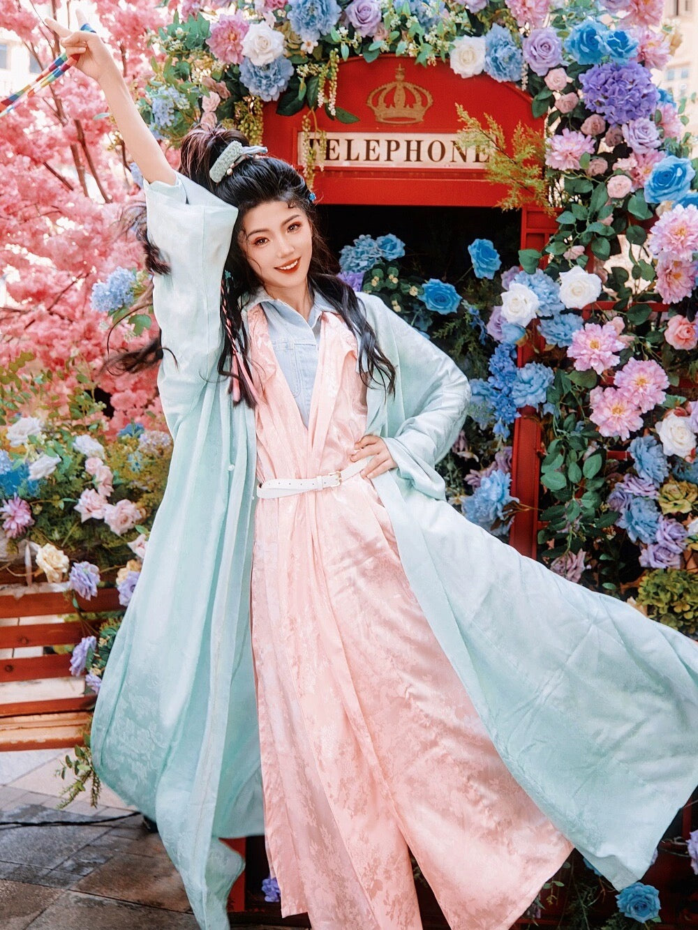 Tang Dynasty Hanfu Robe - Mint Peach 柳桃
