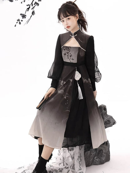 Sliver Modern Ming Style Hanfu Midi Dress