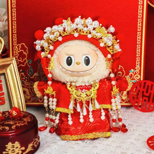 17cm Labubu Plush Doll Traditional Chinese Wedding Dress - Qunkwa