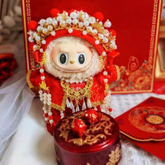 17cm Labubu Plush Doll Traditional Chinese Wedding Dress - Qunkwa