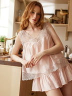 Coquette Blush Lace Ruffle Pajama Set