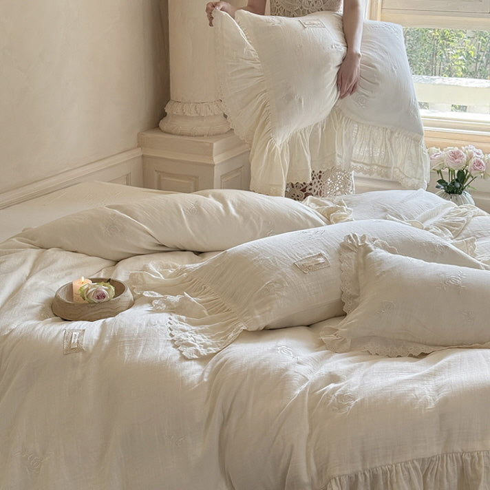 Blush Cream Ruffle Lace Bedding Set