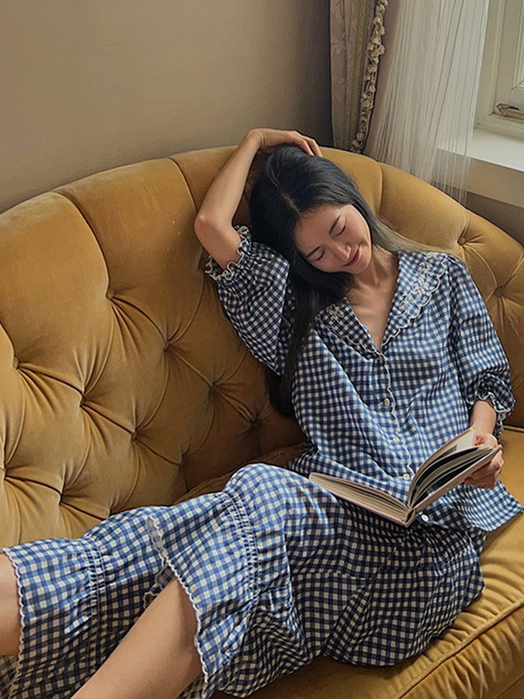 Navy Gingham Lace Collar Pajama Set