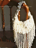 Pearl Fringe Floral Crescent Bag