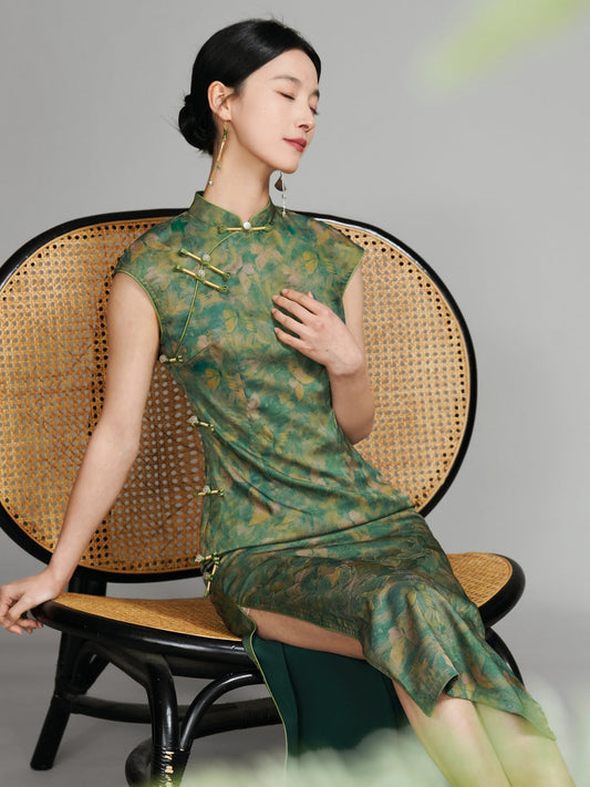 Green Butterfly Dream 绿蝶幽梦 - Sleeveless Retro Long Cheongsam