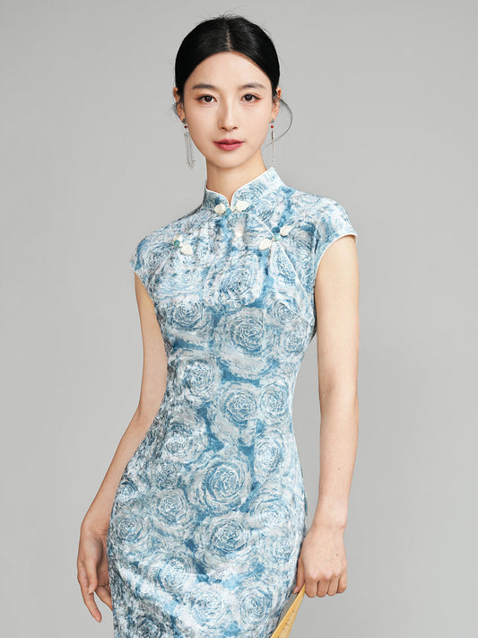 Aquamarine Flowers - Sleeveless Retro Long Cheongsam