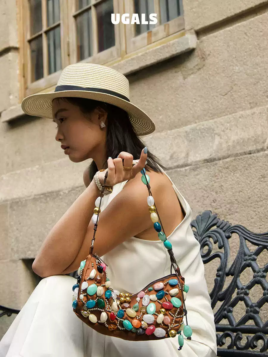 Colorful Stone Silk Satin Dumpling Clutch Bag