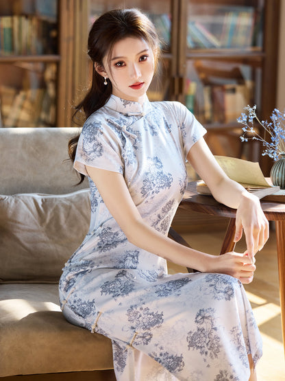 Lingxiu 灵秀 - Short Sleeve Blue Midi Cheongsam