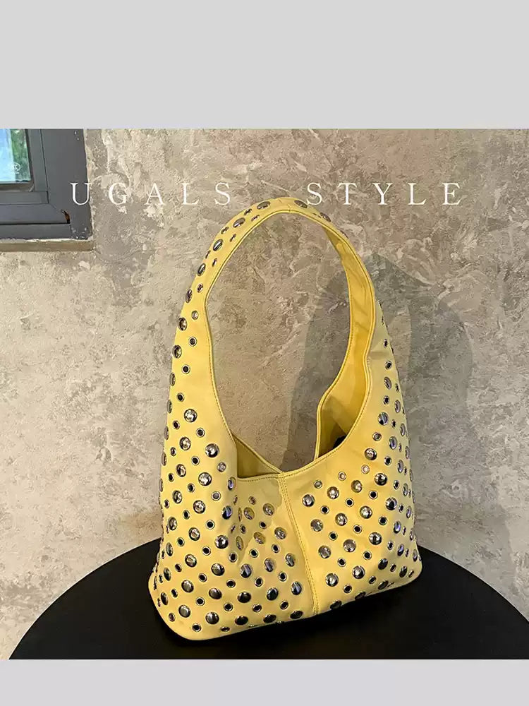 Punk Studded Hobo Shoulder Bucket Tote Bag