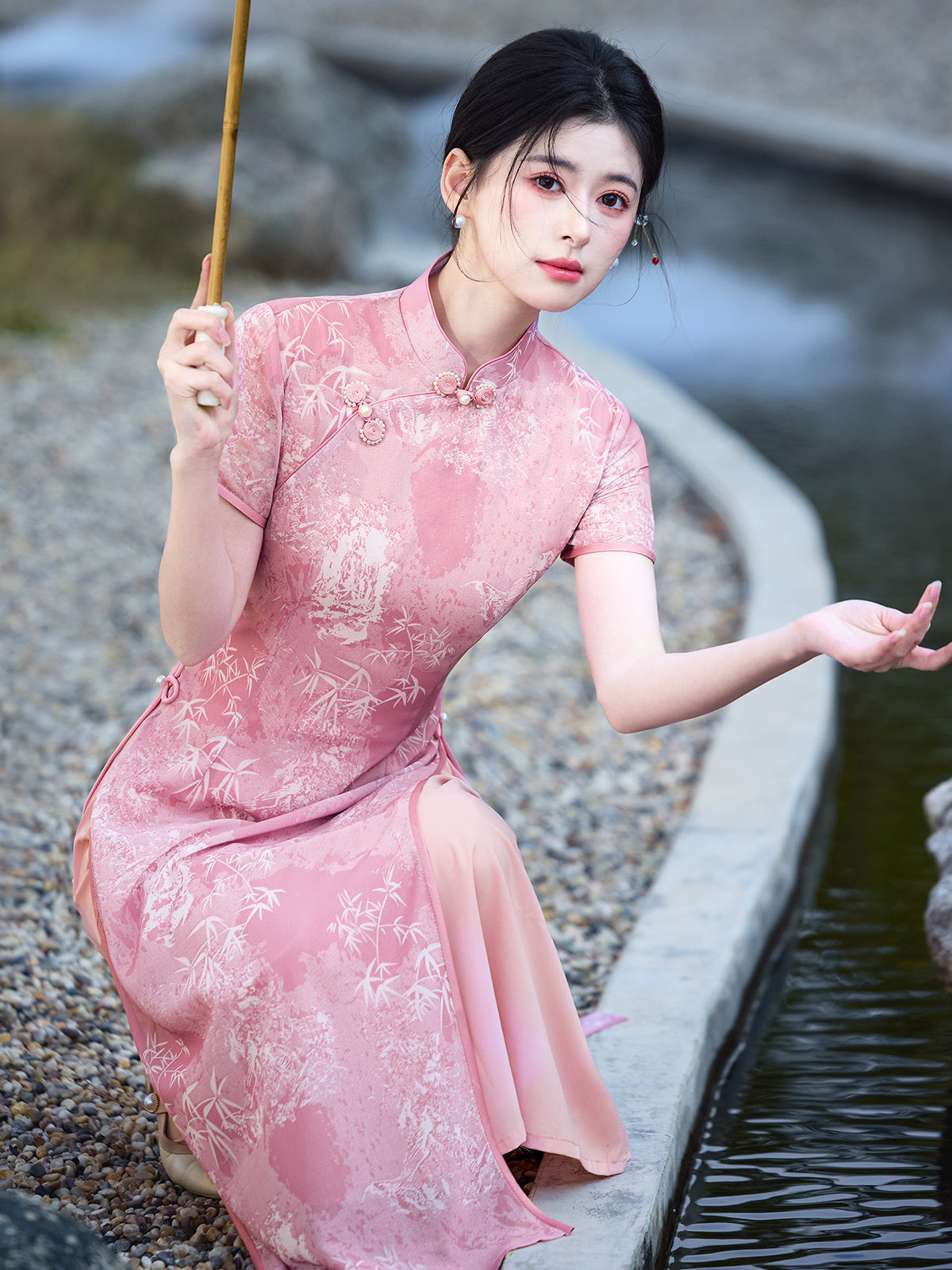 Flower Lantern 花灯游 - Short Sleeve Pink Long Cheongsam