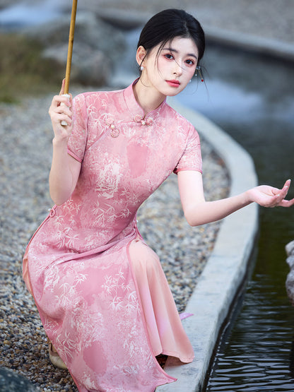 Flower Lantern 花灯游 - Short Sleeve Pink Long Cheongsam