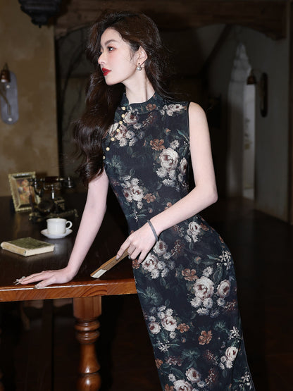 Bright Fleurs 黛色锦簇 - Sleeveless Vintage Floral Black Cheongsam