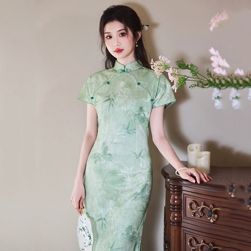 Pastel Flowers - Short Sleeve Floral Style Long Cheongsam