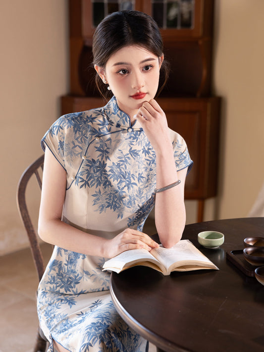Blue Sea Bamboo 海蓝竹风 - Short Sleeve Bamboo Midi Blue Cheongsam