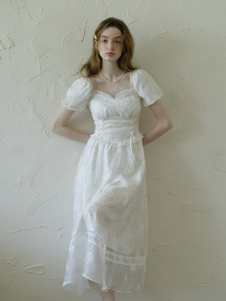 White Floral Corset Waist Dress