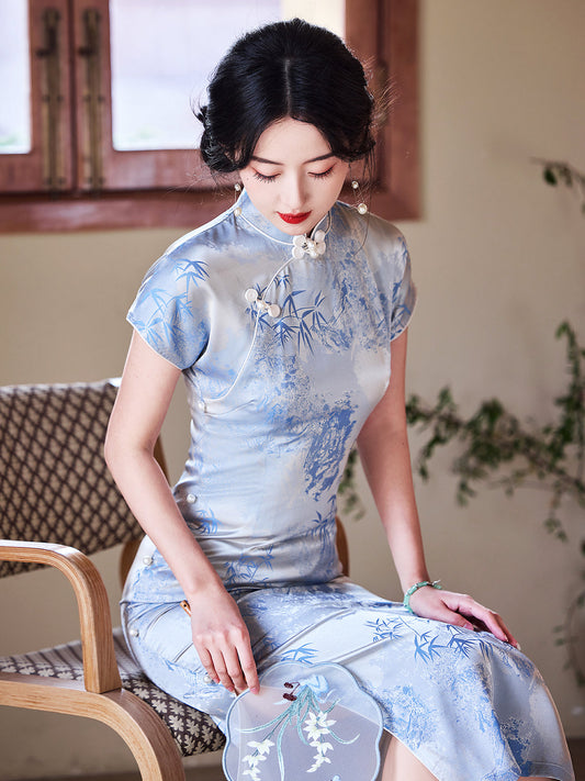 Indigo Iris - Short Sleeve Blue Bamboo Midi Cheongsam