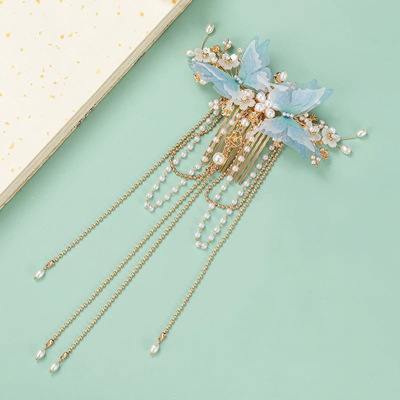 Back Hair Pin: Blue Butterflies with Tassels