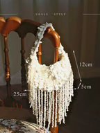 Pearl Fringe Floral Crescent Bag