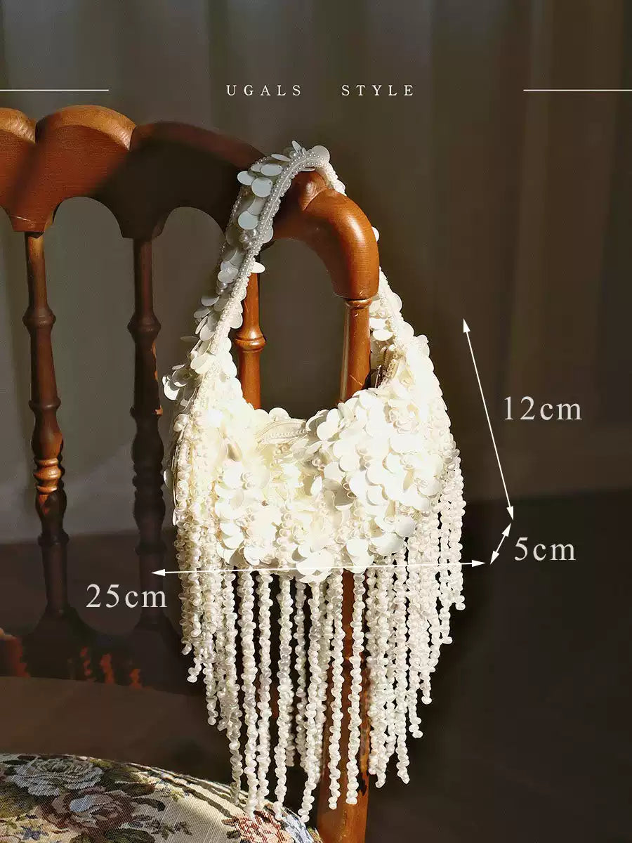 Pearl Fringe Floral Crescent Bag