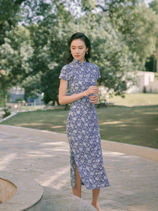 Porcelain Strands 瓷缕 - Cotton Short Sleeves Mid Length Retro Cheongsam (Preorder)