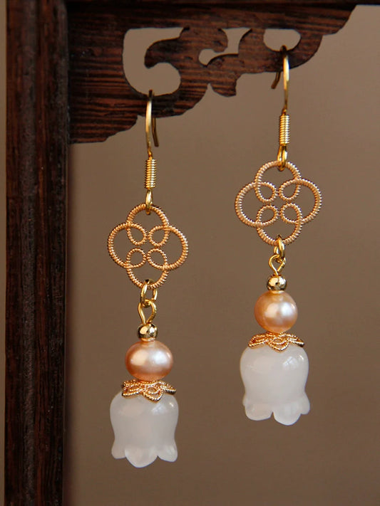 White Jade Lily Chinese Style Earrings