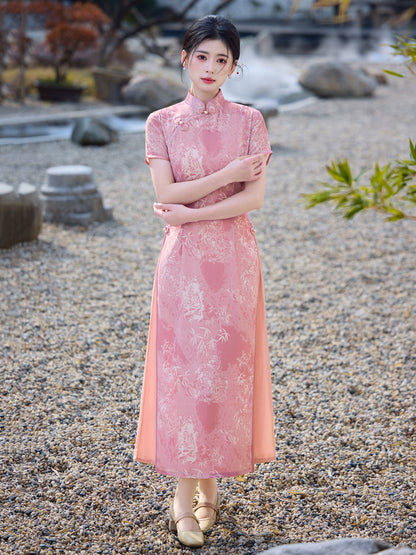 Flower Lantern 花灯游 - Short Sleeve Pink Long Cheongsam