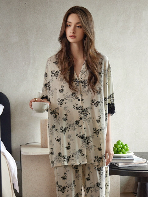 Black Rose Lace Trim Pajama Set